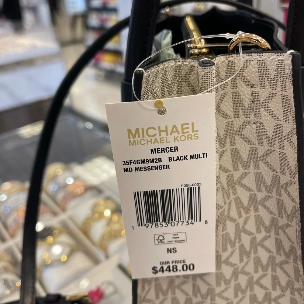 Michael Kors Mercer Md Two-Tone Logo Crossbody Messenger Black Multi Purse NWT